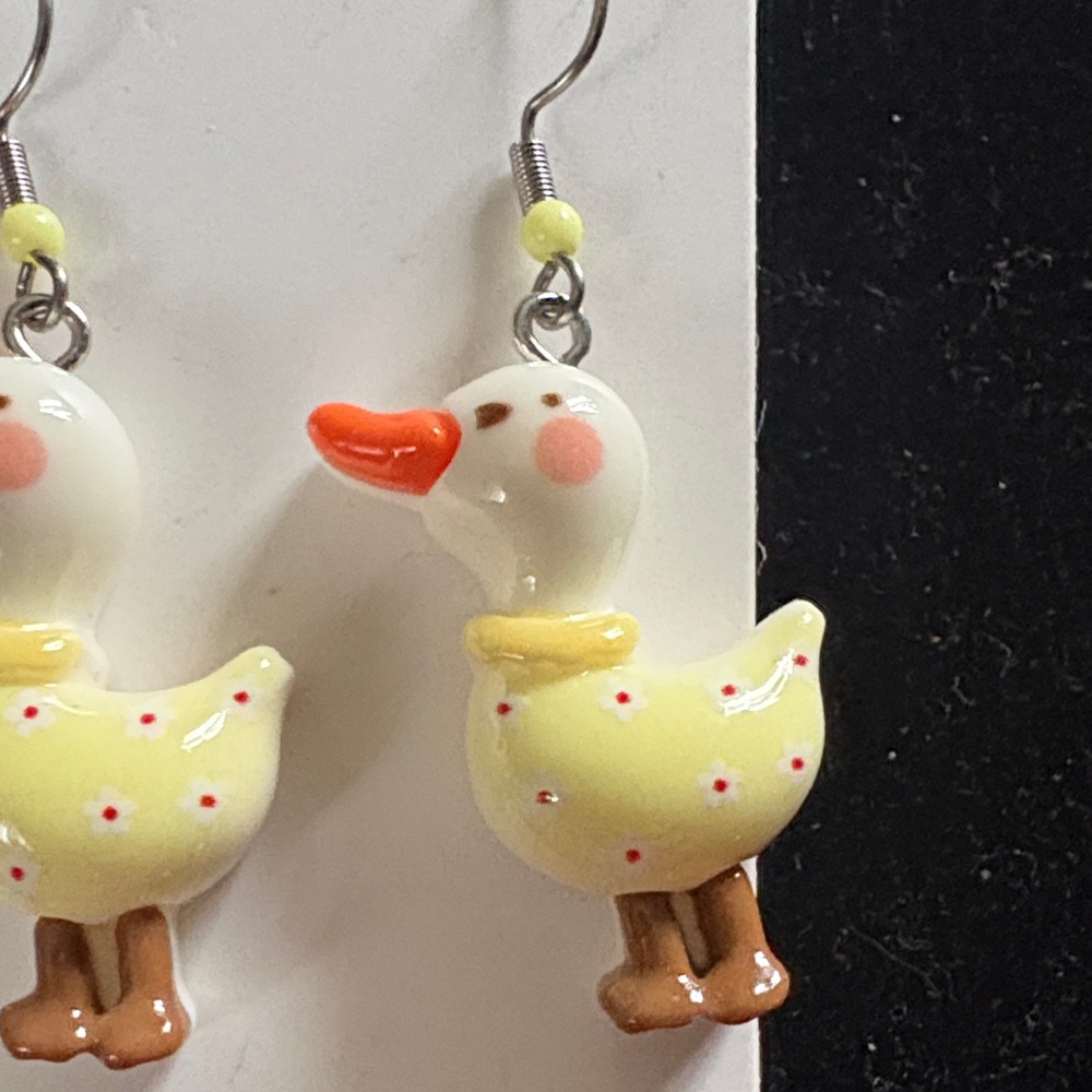 Handmade Yellow Duck Drop Earrings with Orange Beak - Picture 3 of 3